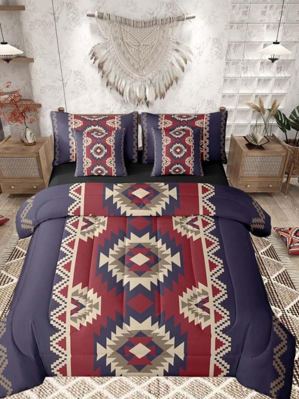Bohemian Southwestern Aztec Comforter Set with Sheets 7 Piece Queen Size Western